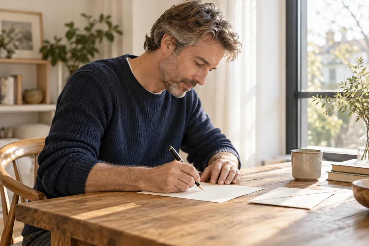 Man schrijft met de hand een brief aan een bureau bij het raam
