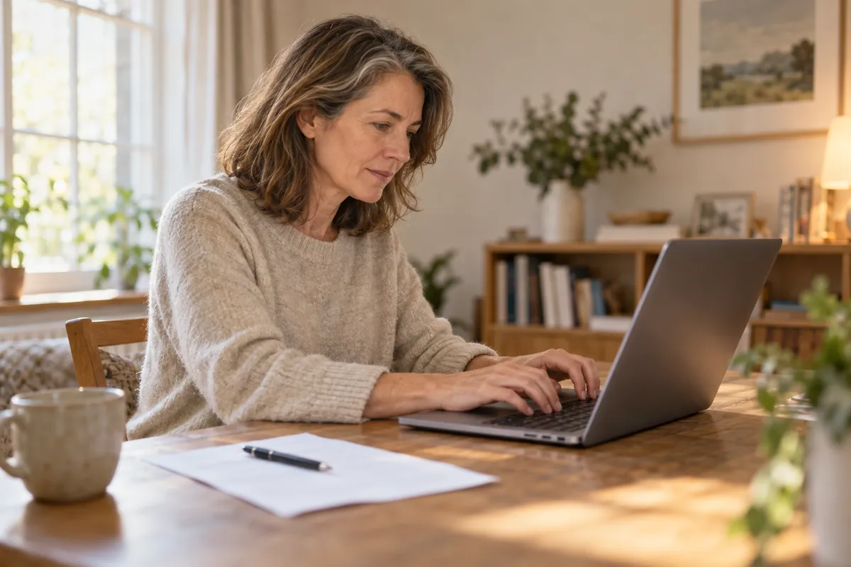Vrouw schrijft aan haar cv op een laptop aan tafel