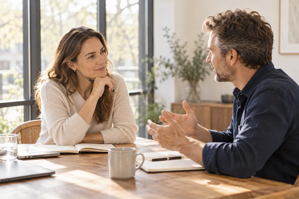 Twee professionals voeren een open gesprek aan tafel