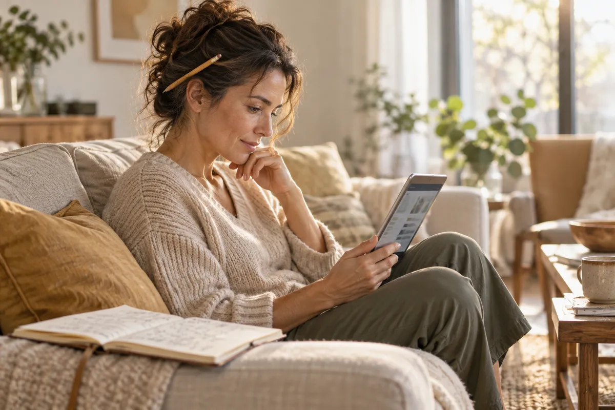 Vrouw leest vacatures op een tablet op de bank