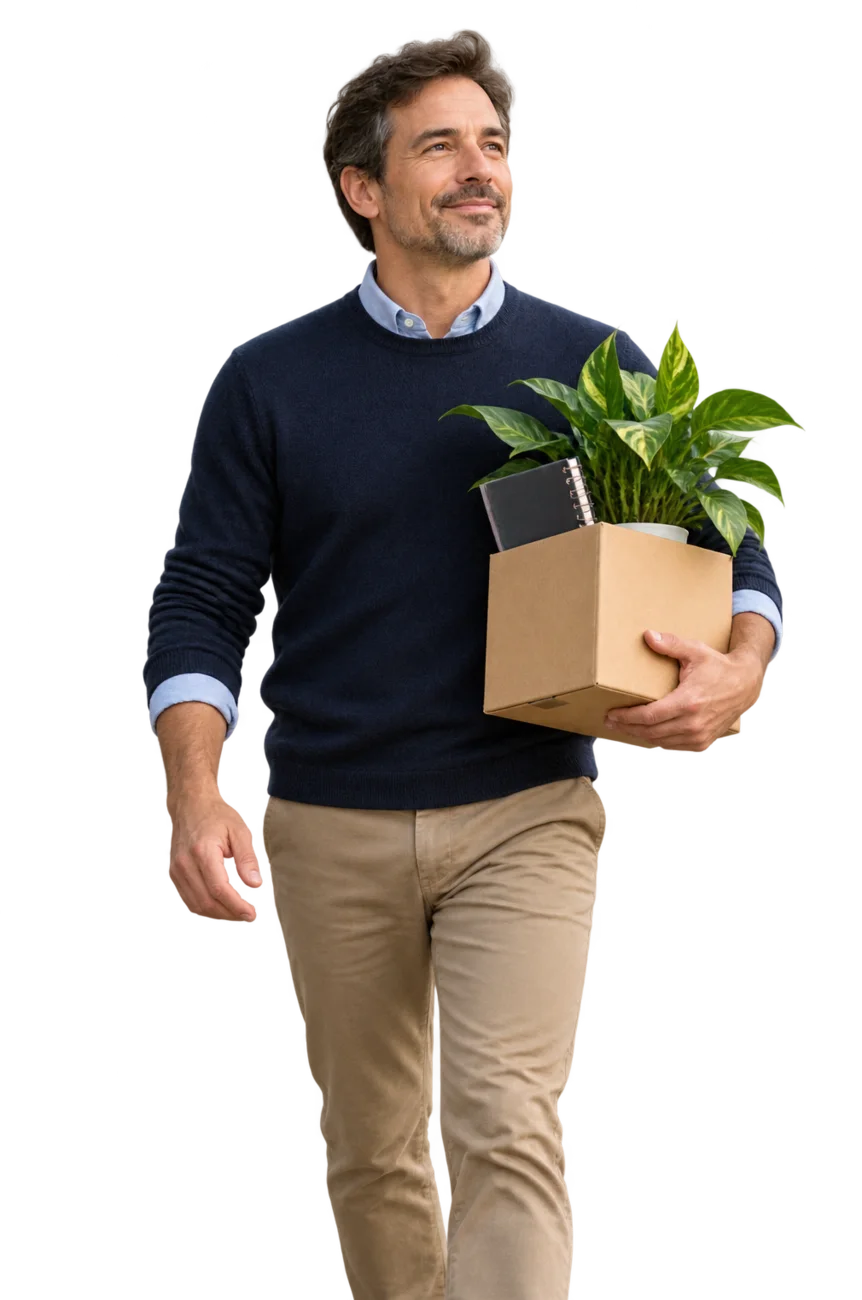 Man met een doos met plant en notitieboek stapt vooruit naar een nieuw begin