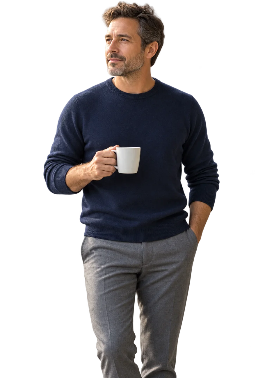 Man met een kop koffie kijkt nadenkend opzij
